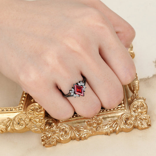Art Deco 2CT Rhombus Cut 14k Black Gold  Nature Red Garnet Petal Engagement Ring Women Fine Ring
