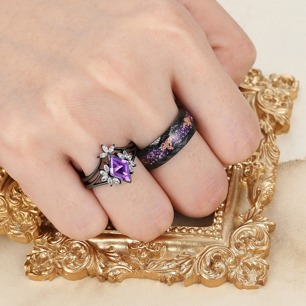Delicate Amethyst Petal Engagement Couple Rings Set Matching Promise P