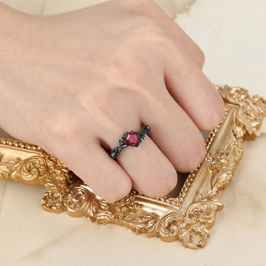 Art Deco Hexagonal Nature Red Garnet Twig 14k Black Gold Engagement Ring Emerald Accents Bridal Ring