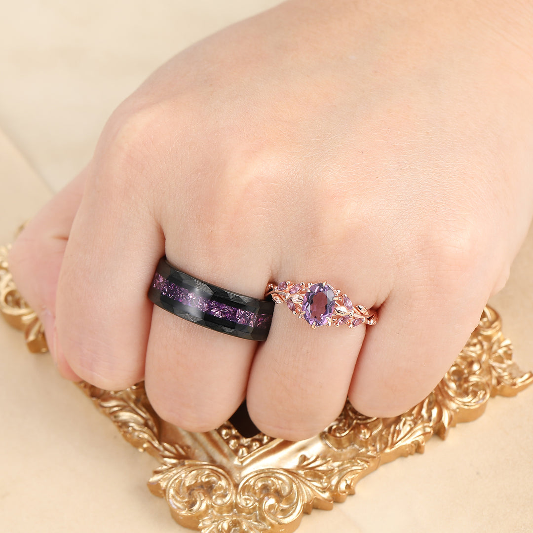 Anillo de pareja con rama de amatista de corte redondo único Anillo morado para mujeres y hombres