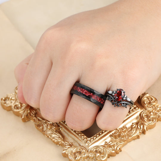 Vintage Oval Red Garnet Tungsten Ruby Couples Ring Set 925 Sterling Sliver Black His and Hers Wedding Band