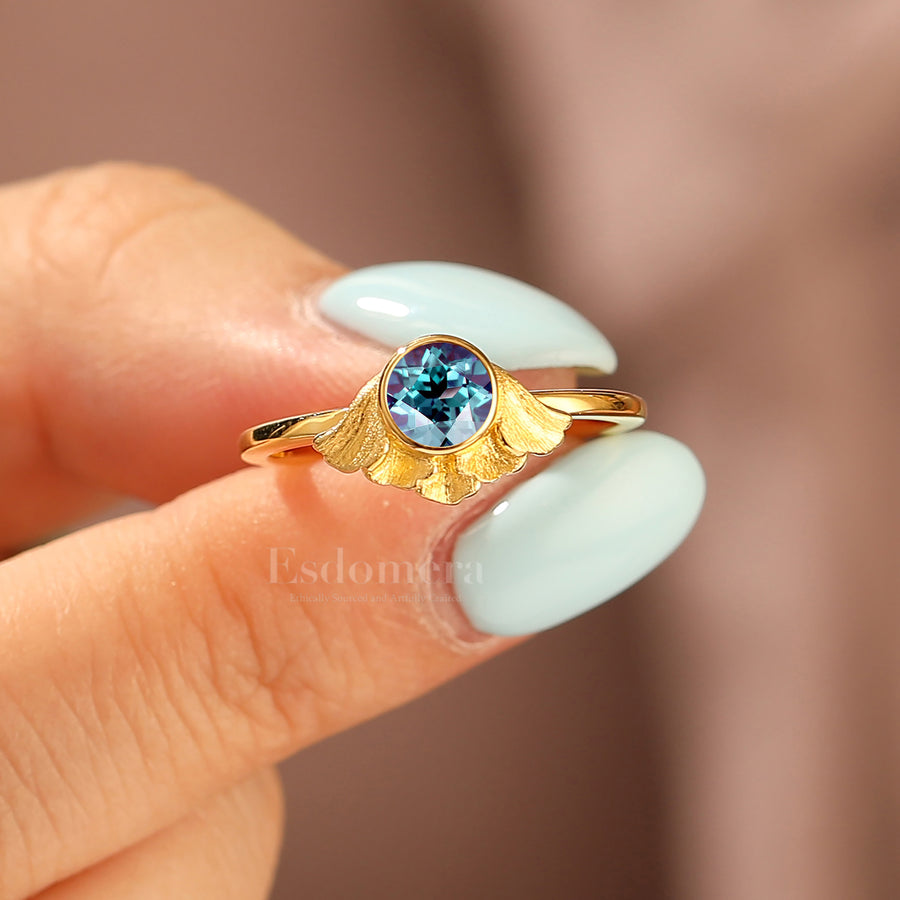 Art-Inspired Ginkgo Leaf Alexandrite Women Ring Solitaire 5mm Round Alexandrite Wedding Ring