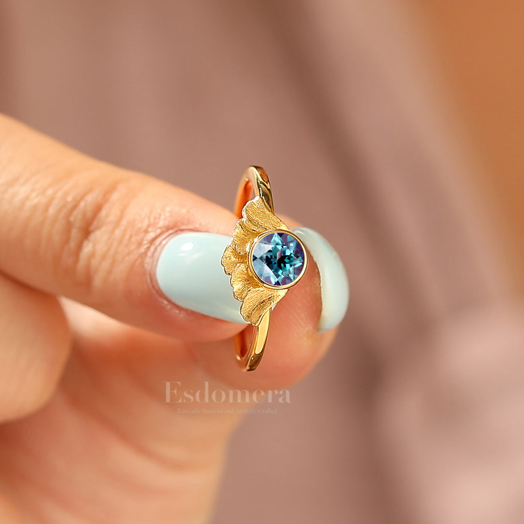Bague Solitaire Femme Alexandrite Feuille de Ginkgo Inspirée de l'Art 5mm Rond Bague de Mariage Alexandrite