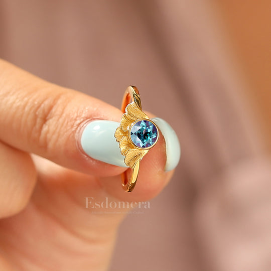 Bague Solitaire Femme Alexandrite Feuille de Ginkgo Inspirée de l'Art 5mm Rond Bague de Mariage Alexandrite