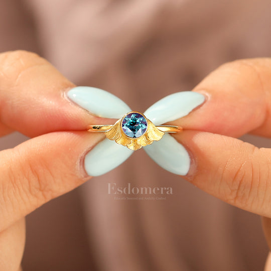 Bague Solitaire Femme Alexandrite Feuille de Ginkgo Inspirée de l'Art 5mm Rond Bague de Mariage Alexandrite