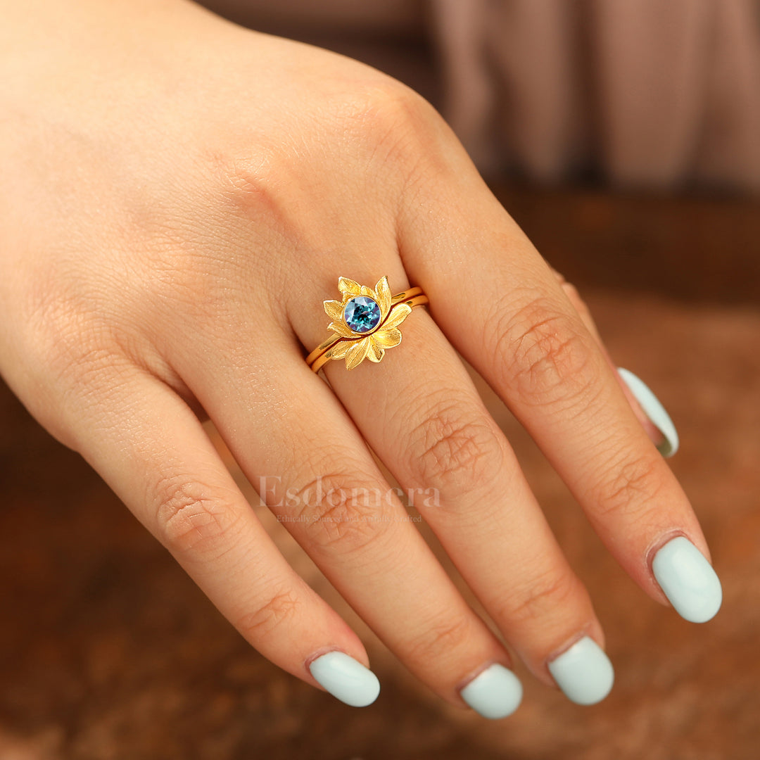 Natural Inspired Bague de Fiançailles Ronde Alexandrite Ensemble Lotus Gravé Solitaire Bague Femme Alexandrite