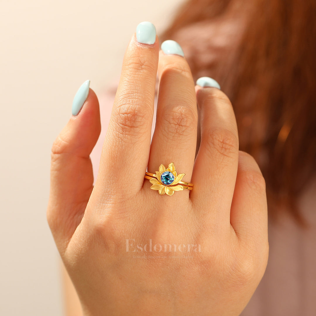 Natural Inspired Bague de Fiançailles Ronde Alexandrite Ensemble Lotus Gravé Solitaire Bague Femme Alexandrite