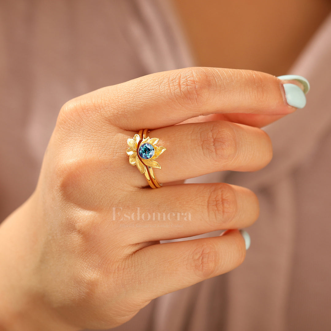 Natural Inspired Bague de Fiançailles Ronde Alexandrite Ensemble Lotus Gravé Solitaire Bague Femme Alexandrite
