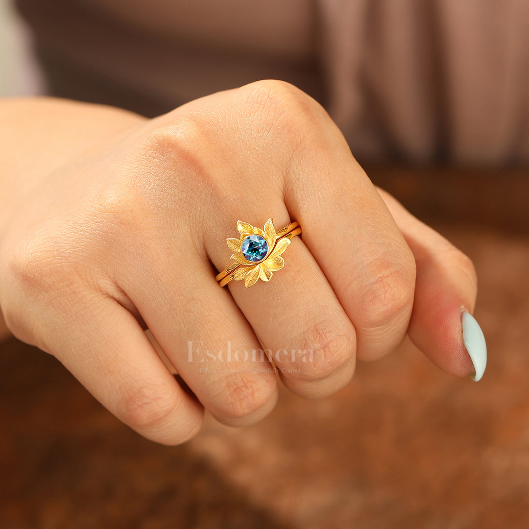Natural Inspired Bague de Fiançailles Ronde Alexandrite Ensemble Lotus Gravé Solitaire Bague Femme Alexandrite