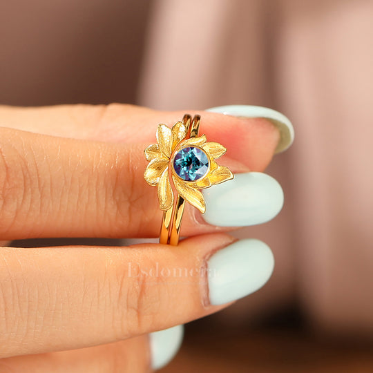 Natural Inspired Bague de Fiançailles Ronde Alexandrite Ensemble Lotus Gravé Solitaire Bague Femme Alexandrite