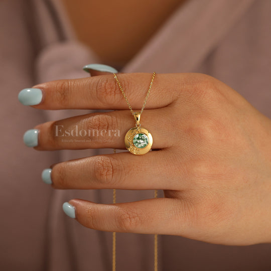 Vintage Moss Agate Pendant Necklace Solid Gold Pendant Custom Stone Necklace