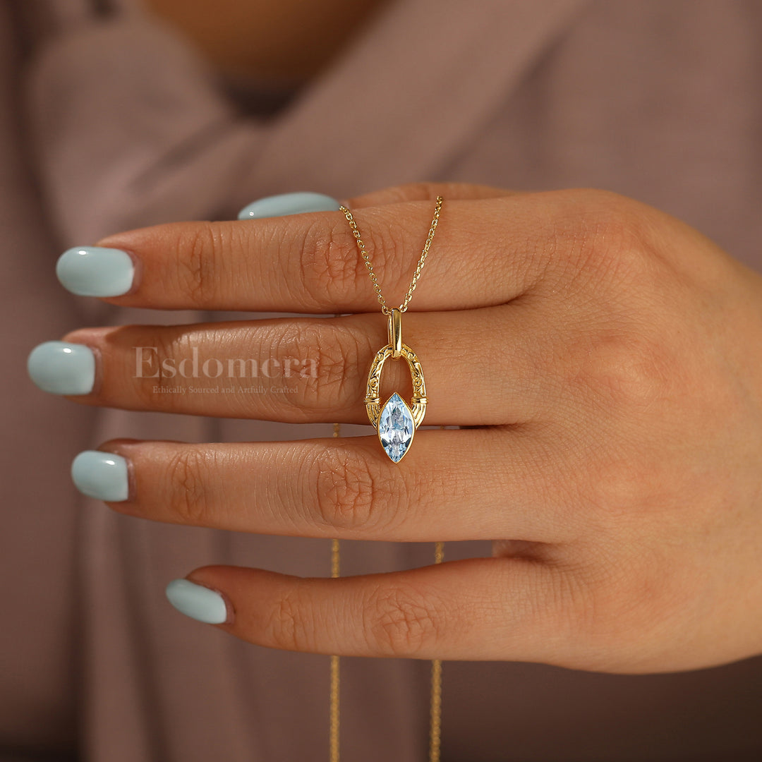 Art Deco Filigreed Engraved Aquamarine Necklace 1CT Marquise Cut Aquamarine Pendant