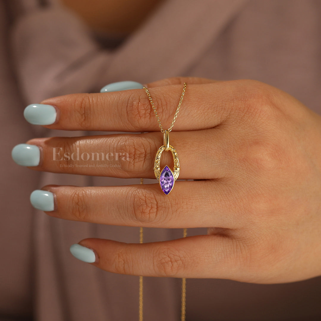 Dainty Horseshoe Style Natural Amethyst Necklace Solid Yellow Gold Women Pendant