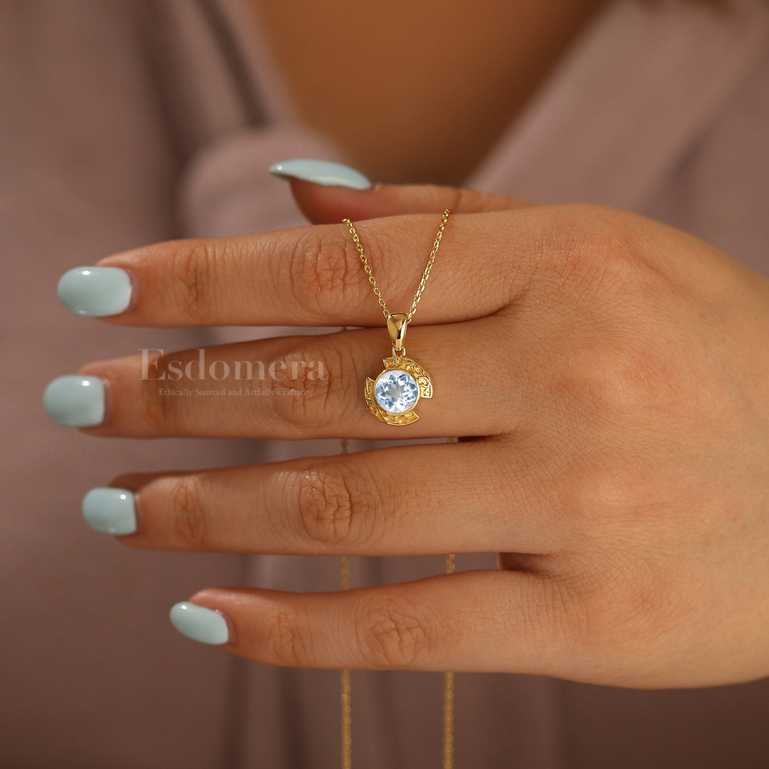 Collier pendentif en aigue-marine design croissant Brillant en or massif 14 carats pour femme