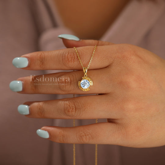 Collier pendentif en aigue-marine design croissant Brillant en or massif 14 carats pour femme