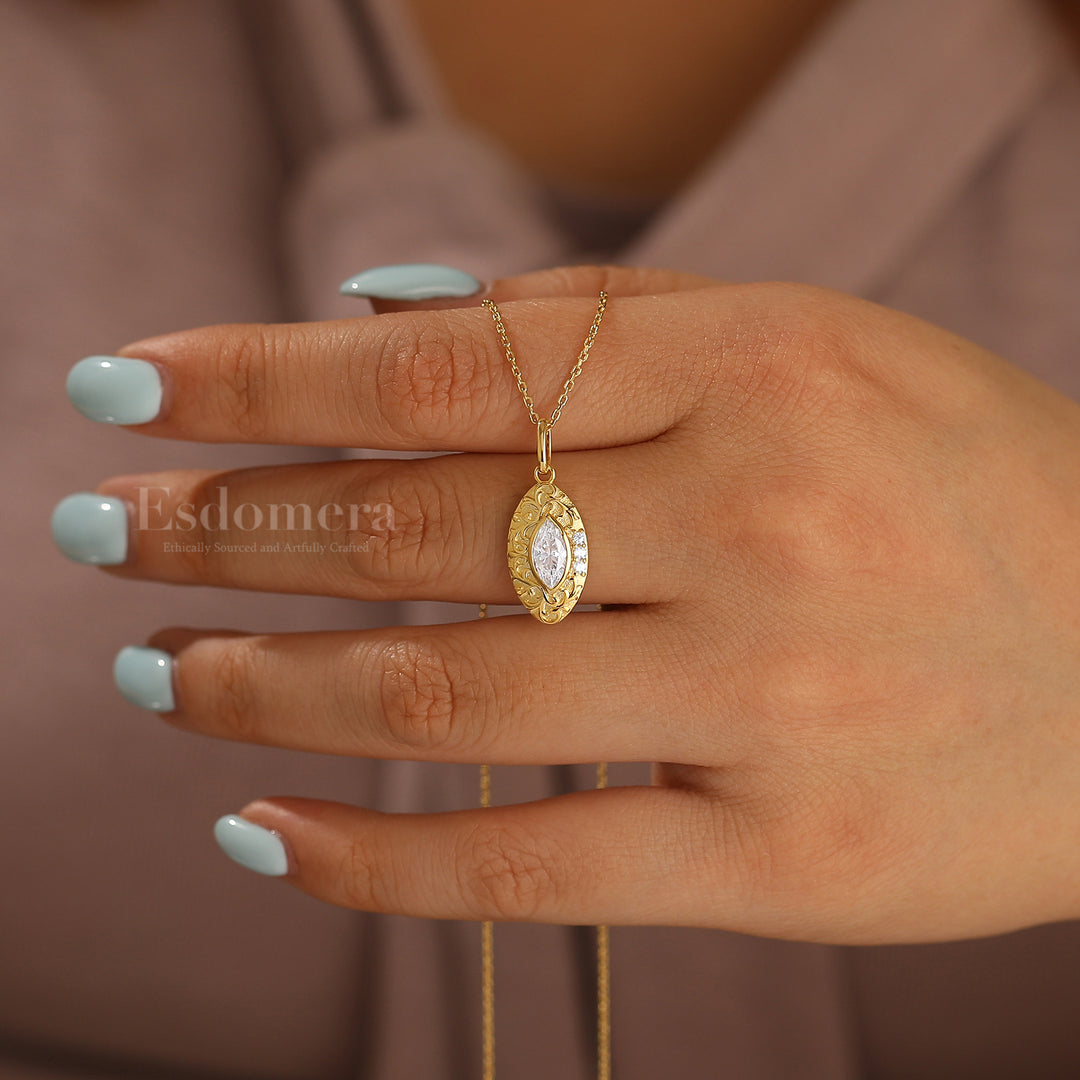 Vintage Vine Filigreed Moissanite Pendant Solid Rose Gold Women Pendant Necklace