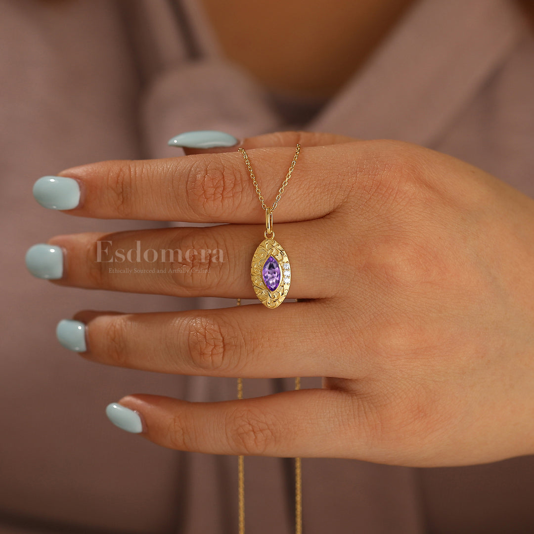 Filigreed Engraved Amethyst Necklace Vintage Anniversary Bridal Necklace