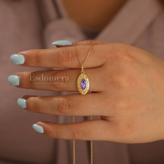 Filigreed Engraved Amethyst Necklace Vintage Anniversary Bridal Necklace