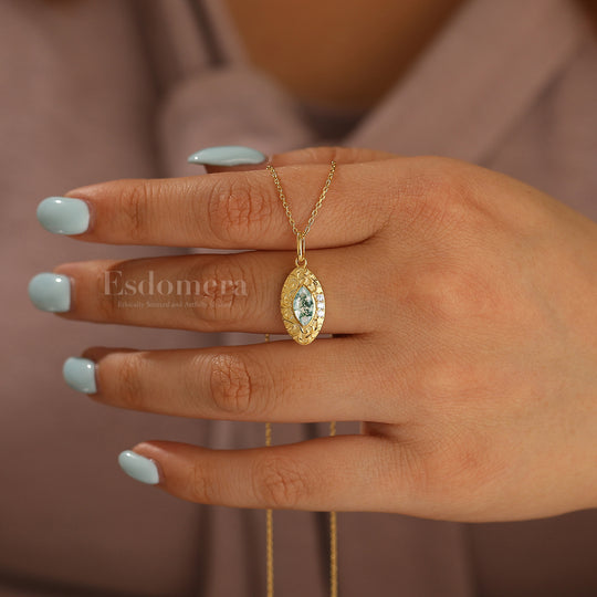 Marquise Coupe Collier en Agate Mousse Pendentif en Argent Sterling Filigrané Pendentif en Or Massif