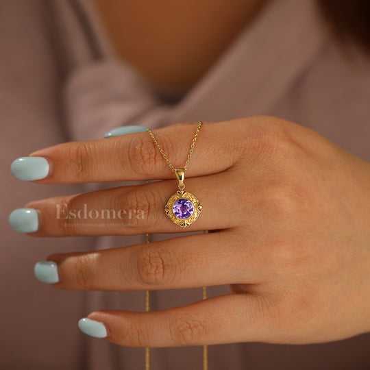 Art Deco Herz Graviertes Weinreben Amethyst Anhänger 14K Gold Damen Halskette