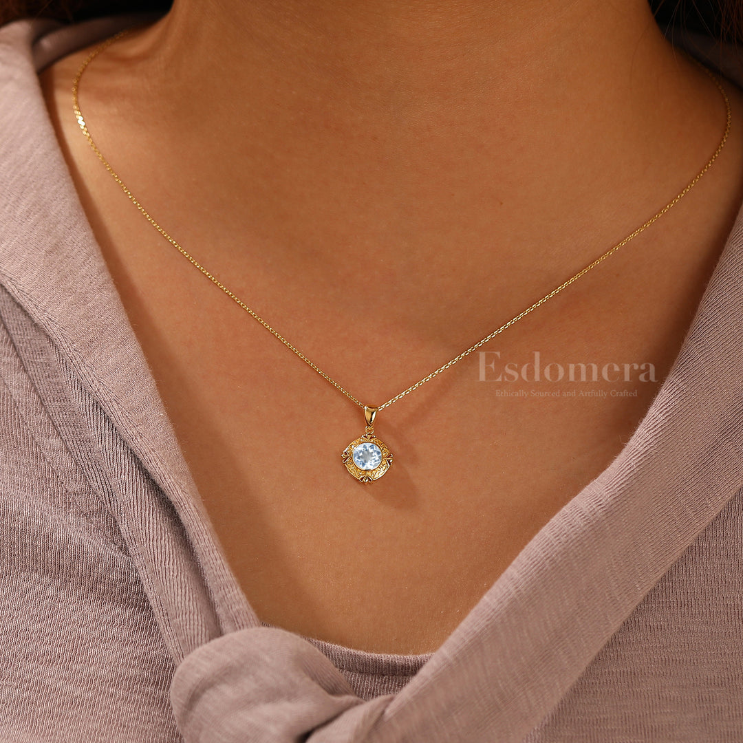 Artsy Vine Heart Engraved Aquamarine Pendant Necklace For Her Anniversary Gift