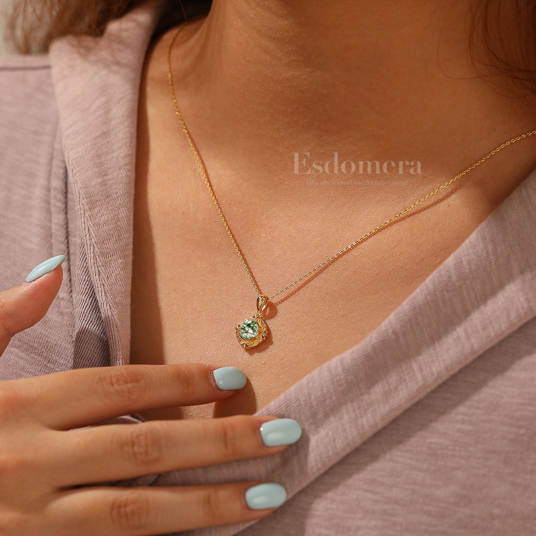 Dainty Heart Gravé Pendentif en Agate Mousse Verte Vigne Collier Anniversaire Femme