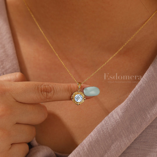 Artsy Vine Heart Engraved Aquamarine Pendant Necklace For Her Anniversary Gift
