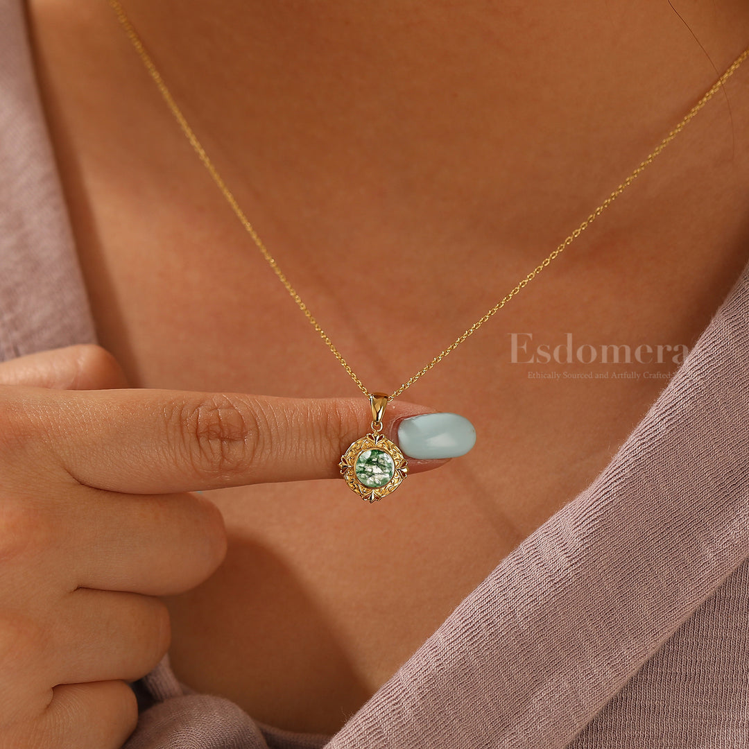 Dainty Heart Gravé Pendentif en Agate Mousse Verte Vigne Collier Anniversaire Femme