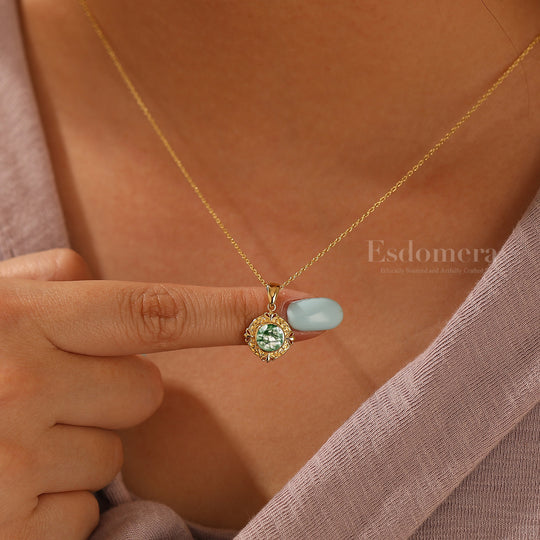 Dainty Heart Gravé Pendentif en Agate Mousse Verte Vigne Collier Anniversaire Femme