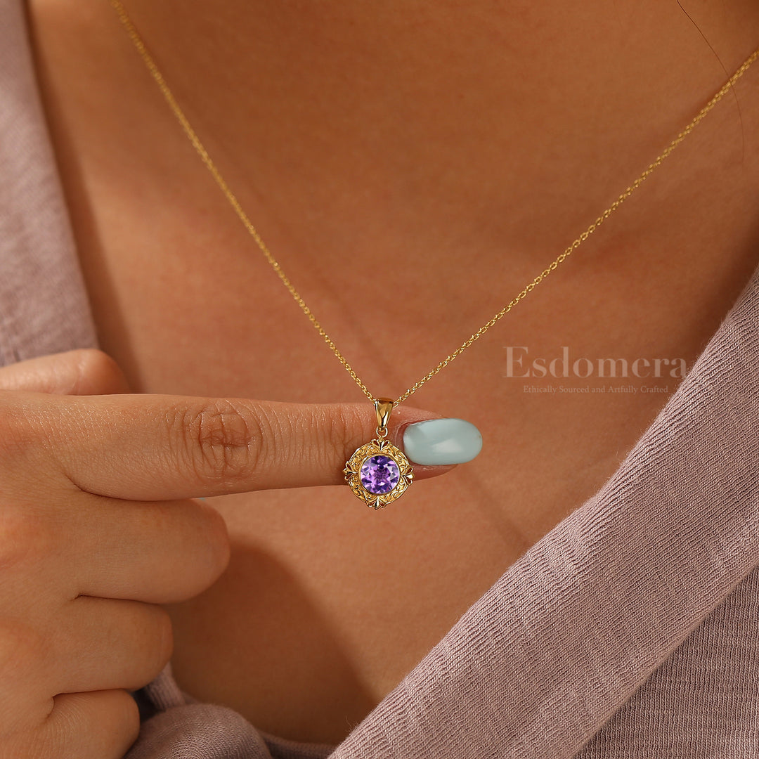 Art Deco Herz Graviertes Weinreben Amethyst Anhänger 14K Gold Damen Halskette