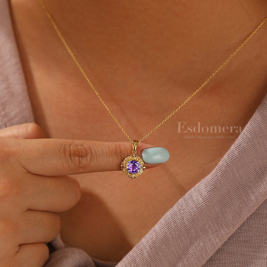 Art Deco Herz Graviertes Weinreben Amethyst Anhänger 14K Gold Damen Halskette