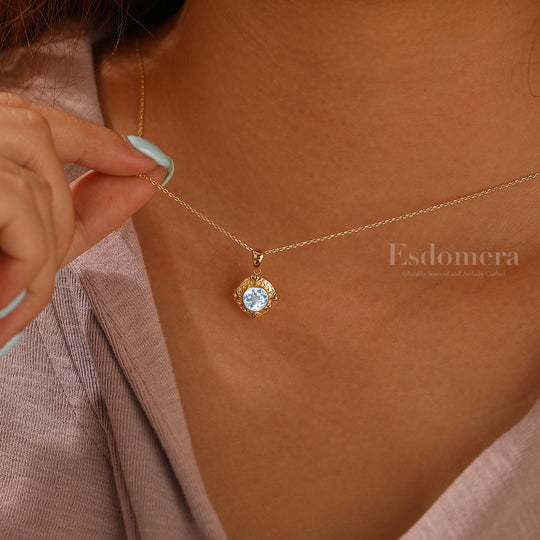 Artsy Vine Heart Engraved Aquamarine Pendant Necklace For Her Anniversary Gift