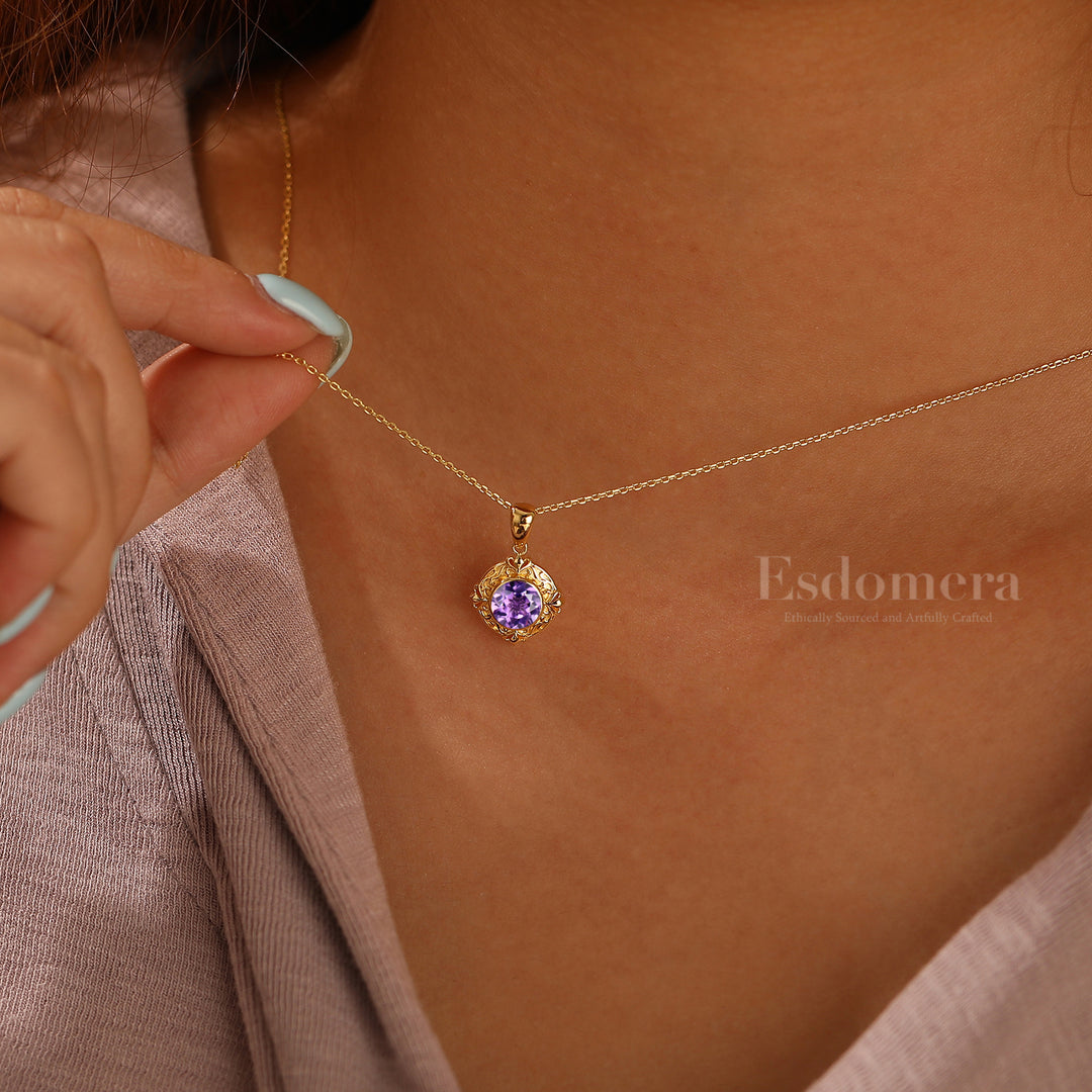 Art Deco Herz Graviertes Weinreben Amethyst Anhänger 14K Gold Damen Halskette