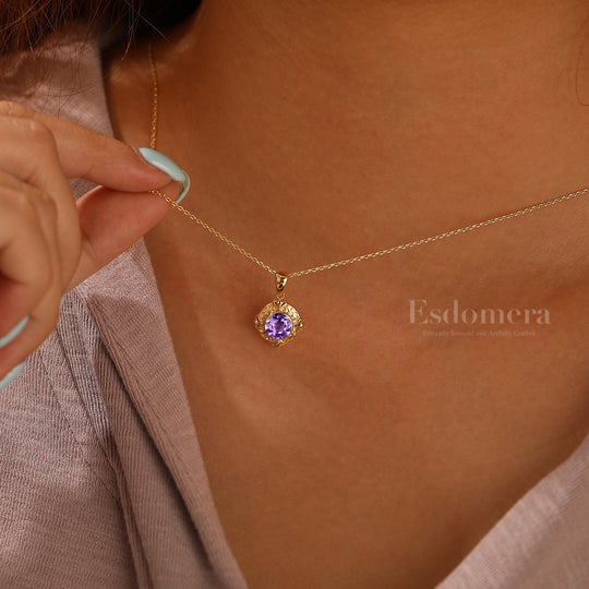 Art Deco Herz Graviertes Weinreben Amethyst Anhänger 14K Gold Damen Halskette