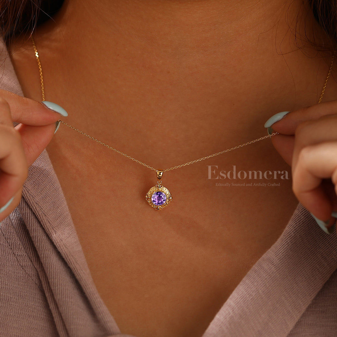 Art Deco Herz Graviertes Weinreben Amethyst Anhänger 14K Gold Damen Halskette