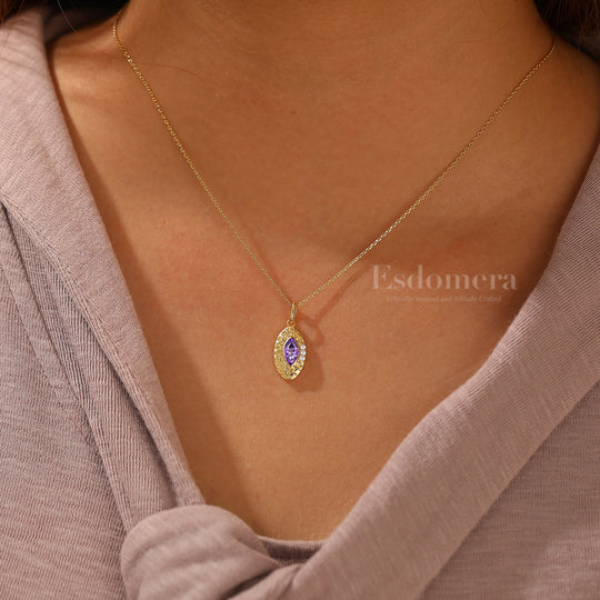 Filigreed Engraved Amethyst Necklace Vintage Anniversary Bridal Necklace