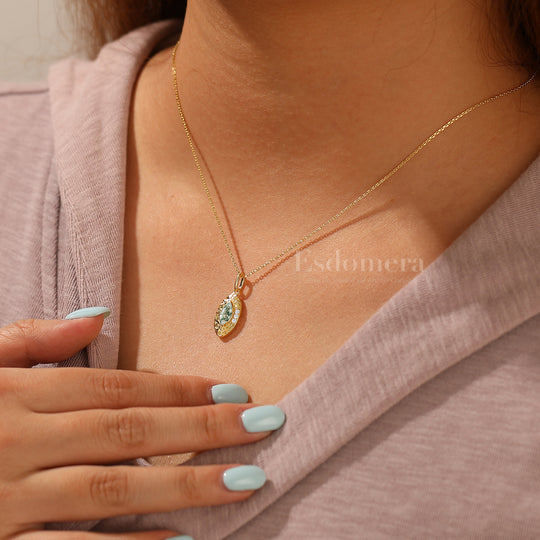 Marquise Coupe Collier en Agate Mousse Pendentif en Argent Sterling Filigrané Pendentif en Or Massif