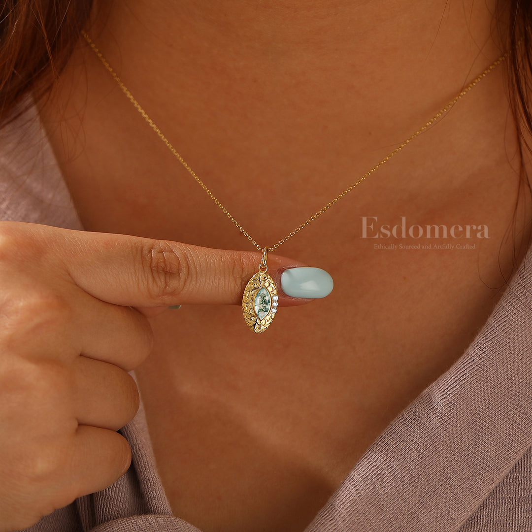 Marquise Coupe Collier en Agate Mousse Pendentif en Argent Sterling Filigrané Pendentif en Or Massif