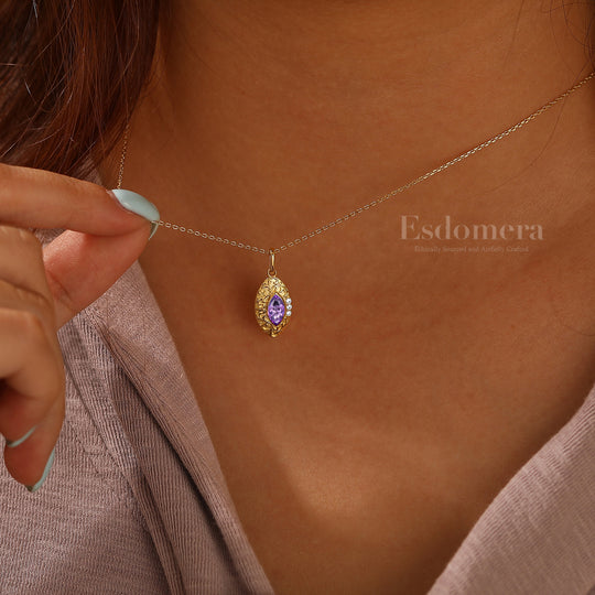 Filigreed Engraved Amethyst Necklace Vintage Anniversary Bridal Necklace