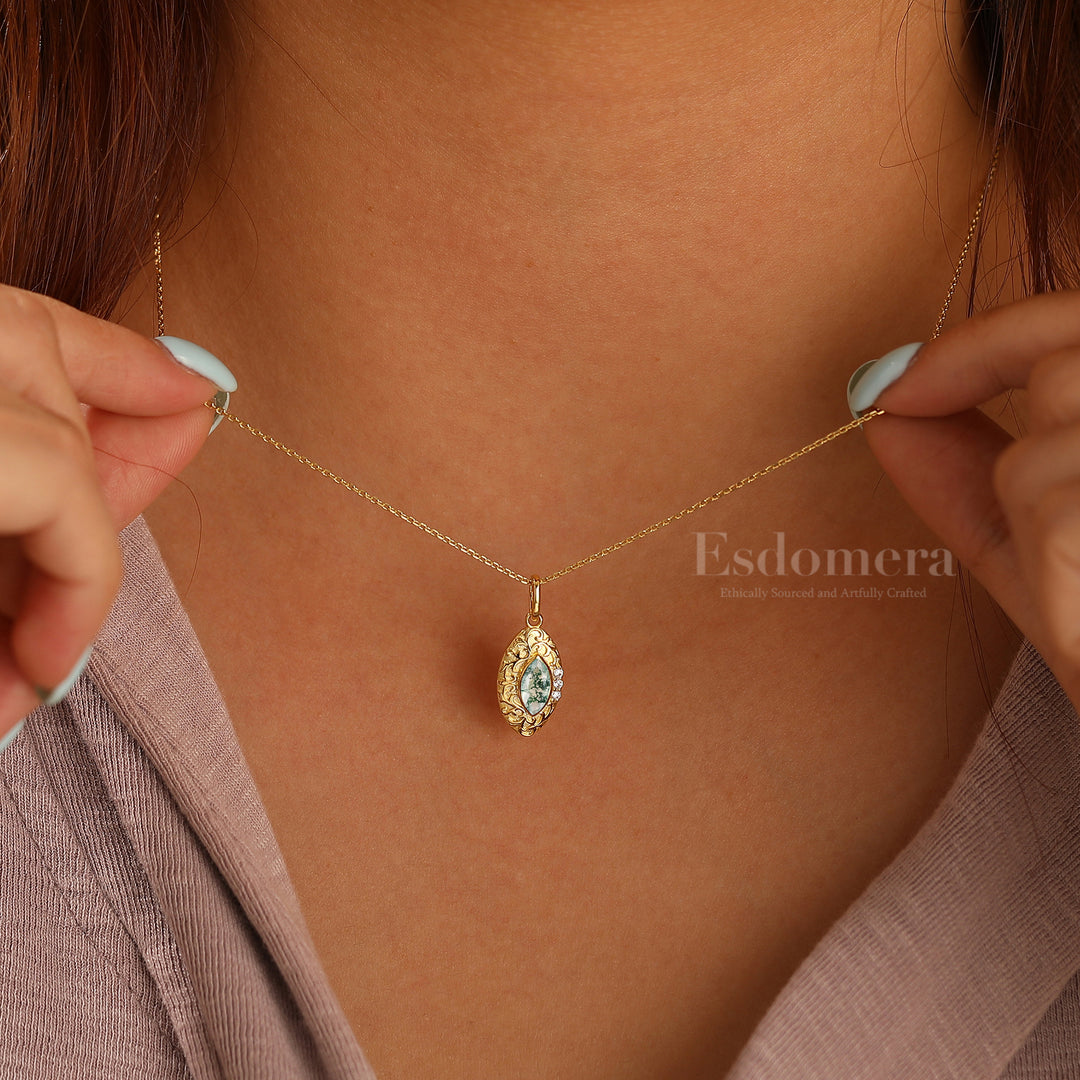 Marquise Coupe Collier en Agate Mousse Pendentif en Argent Sterling Filigrané Pendentif en Or Massif