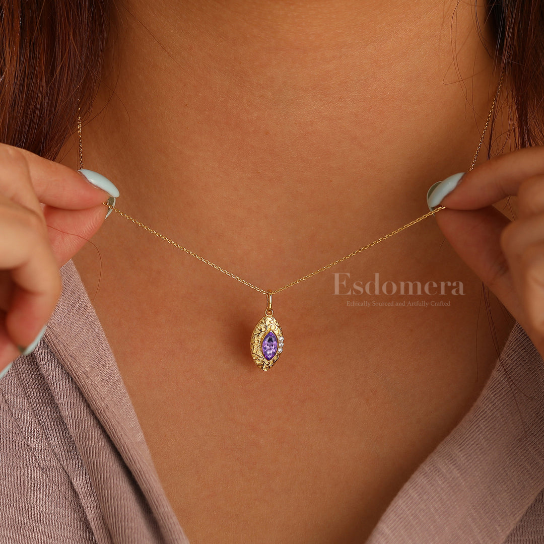 Filigreed Engraved Amethyst Necklace Vintage Anniversary Bridal Necklace