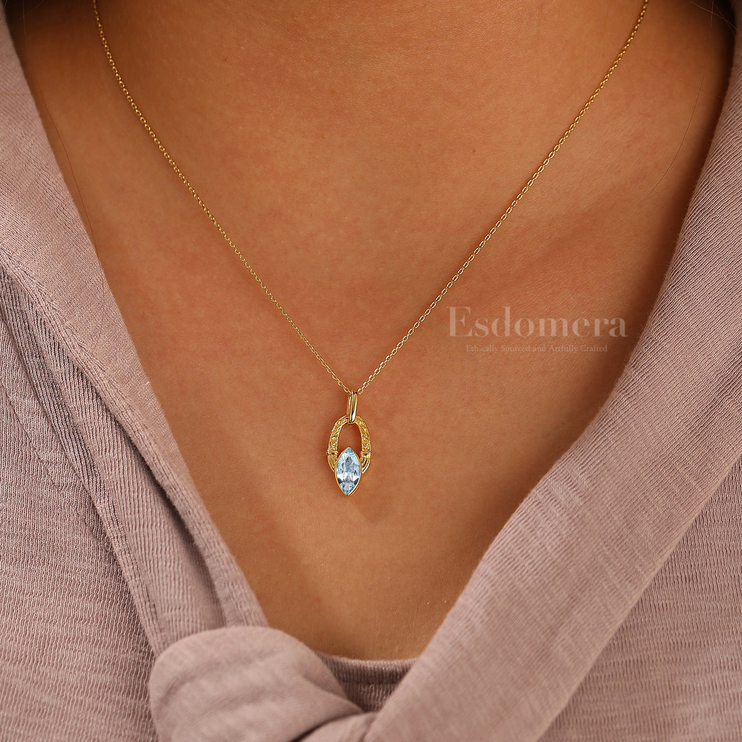 Art Deco Filigreed Engraved Aquamarine Necklace 1CT Marquise Cut Aquamarine Pendant