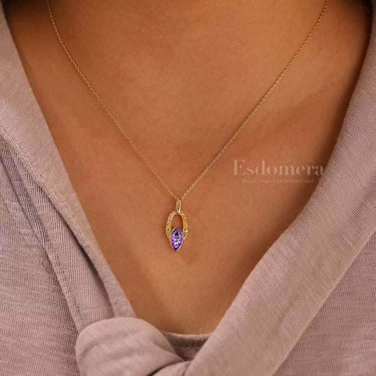 Dainty Horseshoe Style Natural Amethyst Necklace Solid Yellow Gold Women Pendant