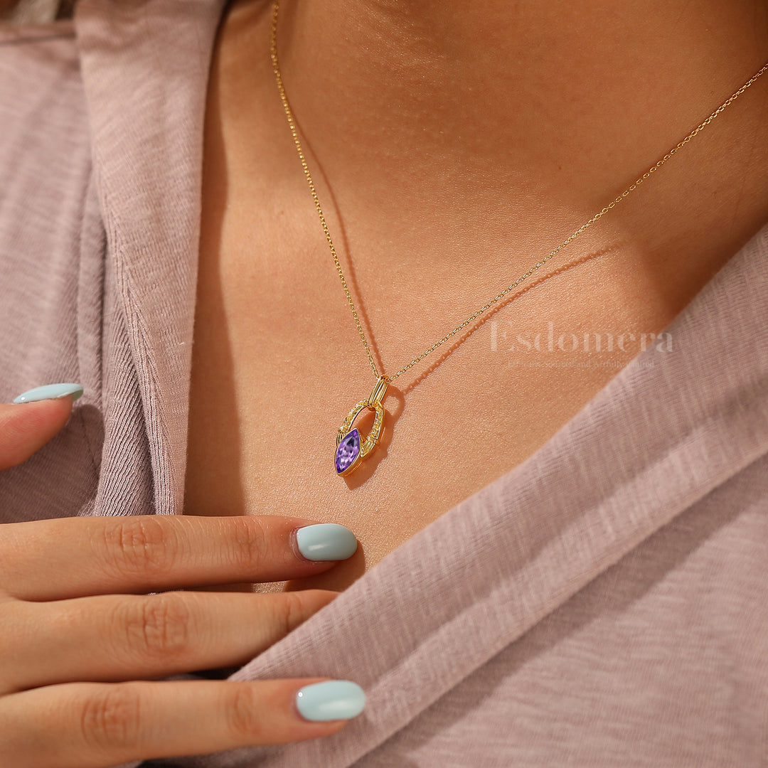 Dainty Horseshoe Style Natural Amethyst Necklace Solid Yellow Gold Women Pendant