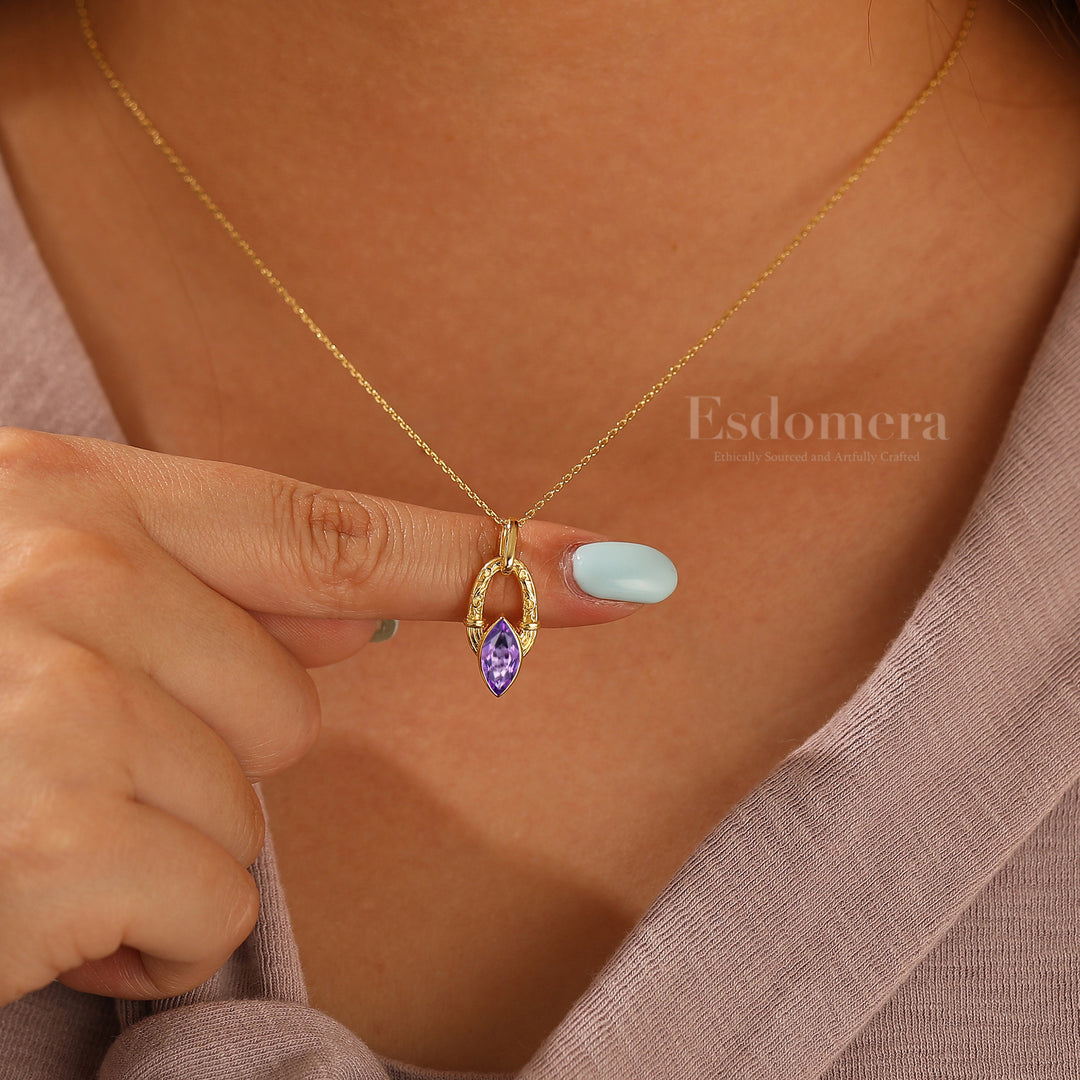 Dainty Horseshoe Style Natural Amethyst Necklace Solid Yellow Gold Women Pendant