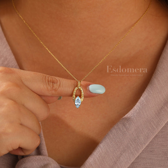 Art Deco Filigreed Engraved Aquamarine Necklace 1CT Marquise Cut Aquamarine Pendant