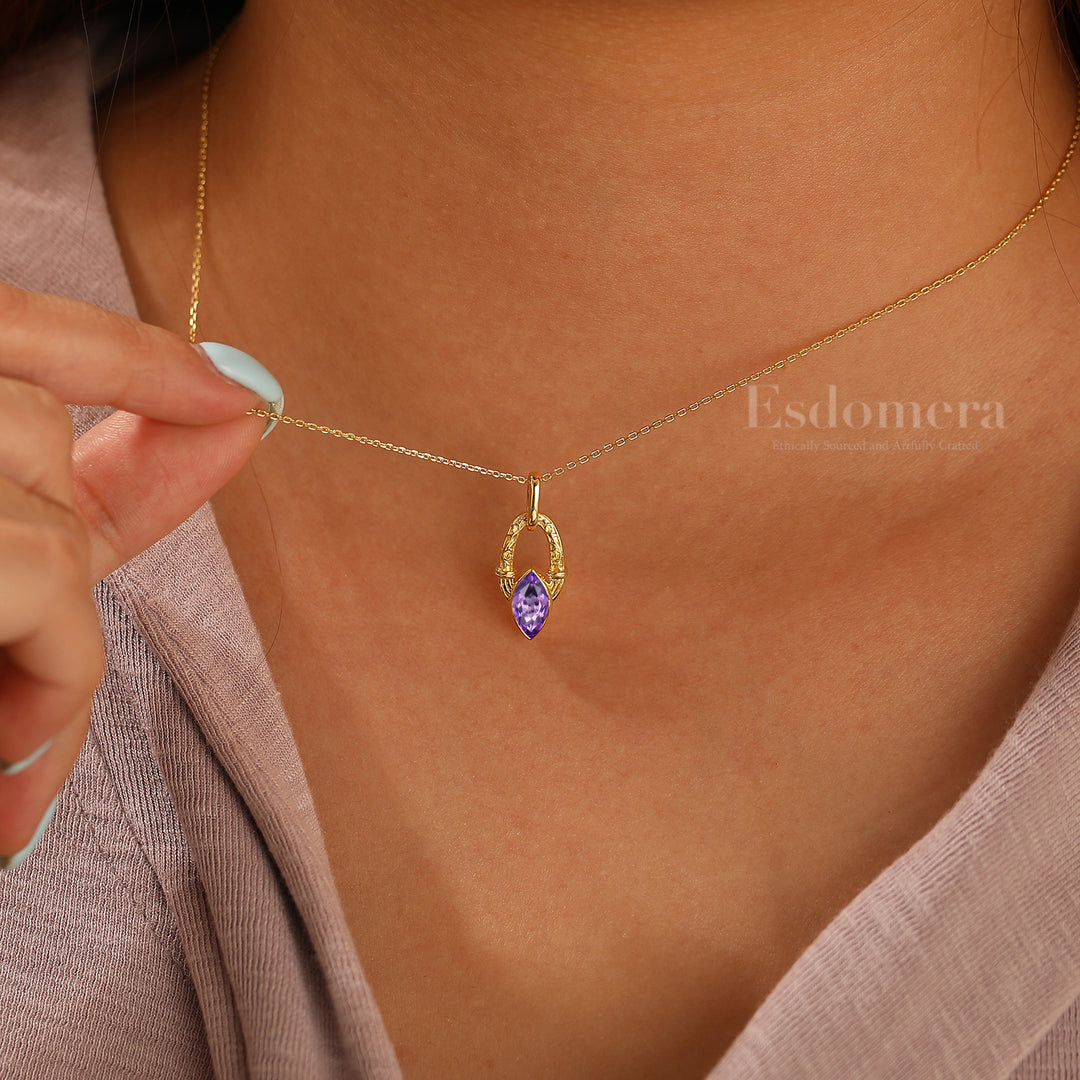 Dainty Horseshoe Style Natural Amethyst Necklace Solid Yellow Gold Women Pendant