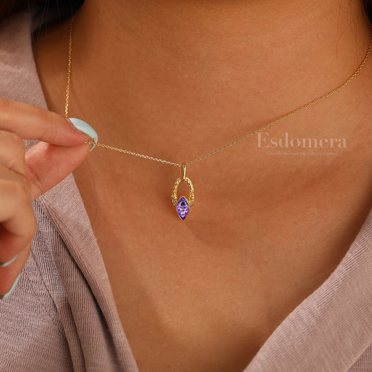 Dainty Horseshoe Style Natural Amethyst Necklace Solid Yellow Gold Women Pendant