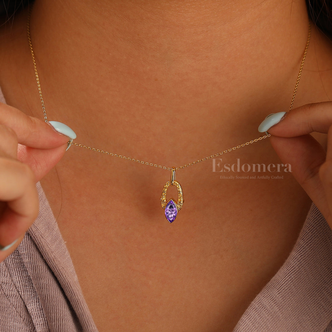 Dainty Horseshoe Style Natural Amethyst Necklace Solid Yellow Gold Women Pendant