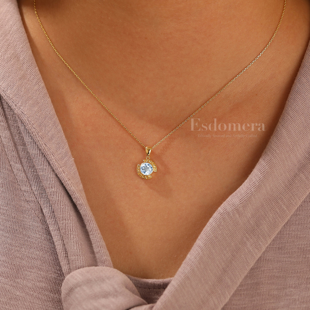 Collier pendentif en aigue-marine design croissant Brillant en or massif 14 carats pour femme